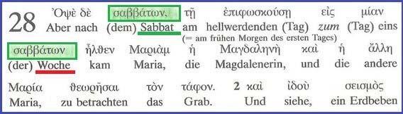 Betrachtung der griechischen Texte Matthäus 28:1 aus der Interlinearübersetzung Nestle-Aland aus dem Jahr 1990 Im Neuen Testament gibt es neun Stellen, an denen das Wort Sabbat mit Woche übersetzt
