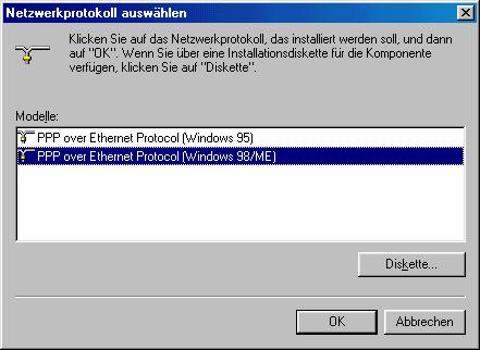 Das Protokoll PPP over Ethernet (Windows 98/ME) kann