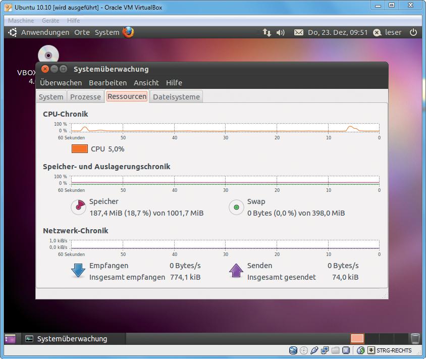 OPEN SOURCE enthaltene VBOX-Datei. Sofort startet und zeigt im linken Bereich den neuen Eintrag Ubuntu 10.10 an. Die virtuelle Ubuntu-Maschine ist bereits fertig installiert.