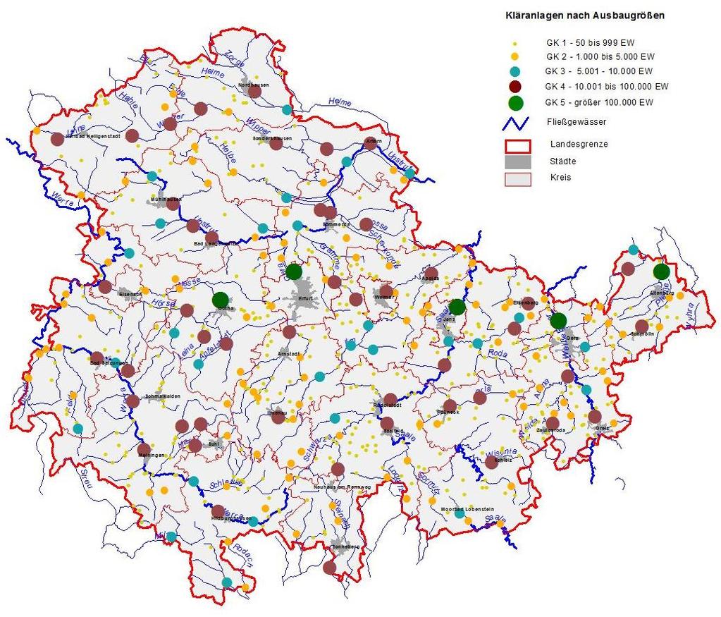 In der folgenden Abbildung 2 sind die kommunalen Kläranlagen in Thüringen größer 50 EW