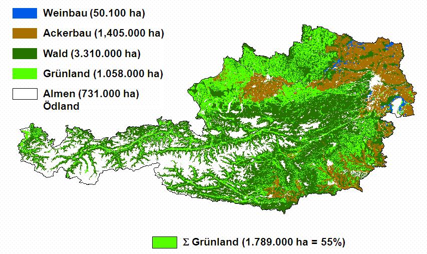 Abbildung 8 1: Landwirtschaftliche und forstwirtschaftliche Flächennutzung in Österreich (CORINE 1990 UBA; BMLFUW 2007; SCHAUMBERGER 2008) Abbildung 8 2: Methanhektarerträge der Wiesengrasbestände in