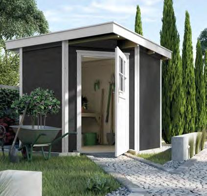 moderne, Massivholz- Gartenhaus Die farbigen Varianten sind außen mit einer Wetterschutzlasur behandelt.
