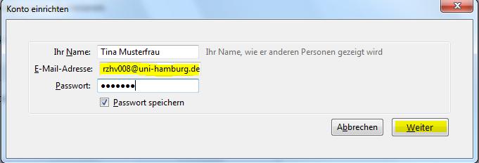 Als nächstes müssen sie ihren Namen, ihre E-Mail-Adresse bitte in der Form Kennung@uni-hamburg.de sowie ihr Kennwort eingeben.