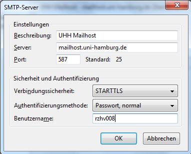 Bitte tragen sie als Server: mailhost.uni-hamburg.de und für den Port wählen Sie bitte 587.