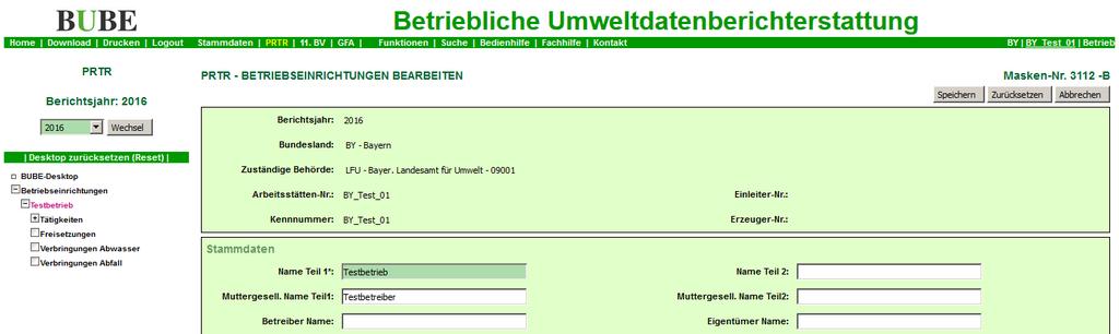 Klicken Sie anschließend in der Menüleiste auf Funktionen, Abbildung 5 - Maske PRTR - Betriebseinrichtungen bearbeiten wählen im