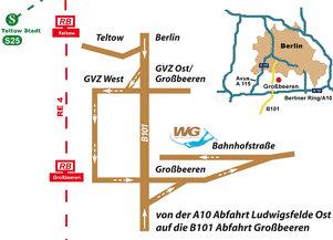 (13) ANFAHRT AUTO aus Berlin über B 101 bis Abfahrt Großbeeren GVZ, an der Ampel rechts abbiegen, Richtung GVZ Teltow. Gewerbegebiet durchfahren, auf der Brücke links abbiegen, Richtung Großbeeren.