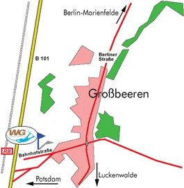 aus Berlin über Avus A 115 bis Abfahrt Potsdam Babelsberg Richtung Teltow, dann Landstrasse über Güterfelde bis Großbeeren, hinter der Bahnlinie u. der B101 liegt die Anlage auf der linken Seite.