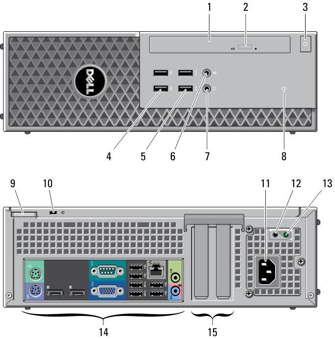 Mini-Tower Rückansicht Abbildung 2. Rückansicht von Mini-Tower 1. Mausanschluss 2. Verbindungsintegritätsanzeige für das Netzwerk 3. Netzwerkanschluss 4. Netzwerkaktivitätsanzeige 5. USB 2.