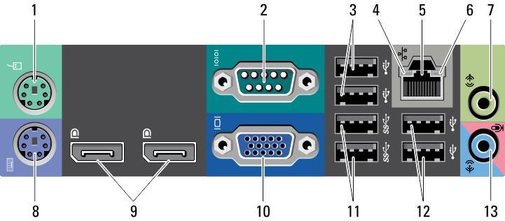 1. Optisches Laufwerk 2. Auswurftaste für optisches Laufwerk 3. Betriebsschalter, Betriebsanzeige 4. USB 2.0-Anschlüsse (2) 5. USB 3.0-Anschlüsse (2) 6. Mikrofonanschluss 7. Kopfhöreranschluss 8.