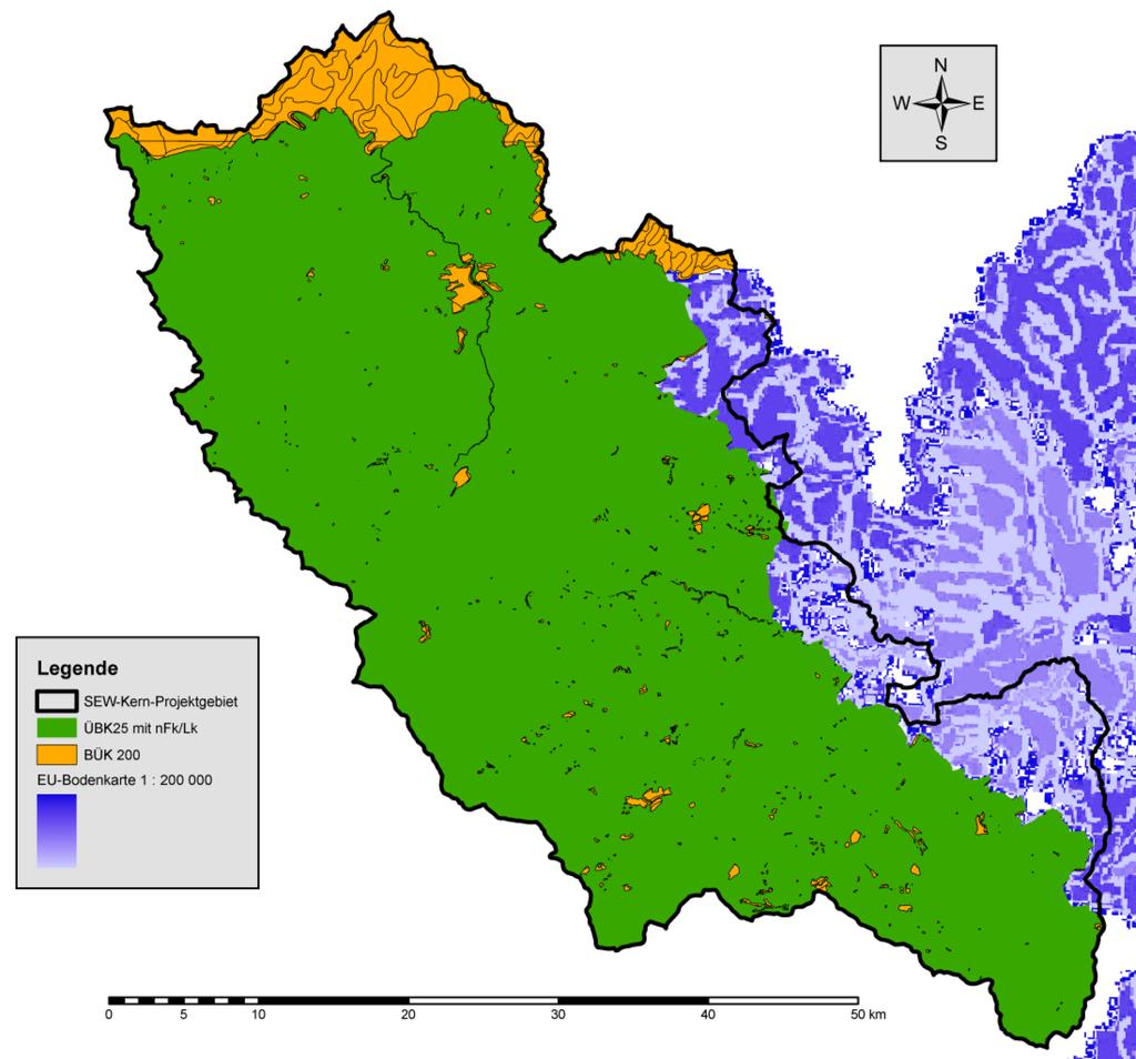 Der finale für den bayerischen Teil bereitgestellte ÜBK25-Bodendatensatz (UBK25_LANU_SEW.shp) deckte ca. 85% des SEW-Projektgebiets ab (siehe grüne Fläche in Bild 3.
