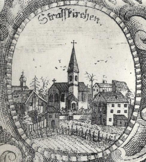 Dies ist das älteste Bild von Straßkirchen. So ähnlich hat unsere Kirche vor ungefähr 250 Jahren ausgesehen. Schon damals war sie, umgeben vom Friedhof, der Mittelpunkt unseres Dorfes.