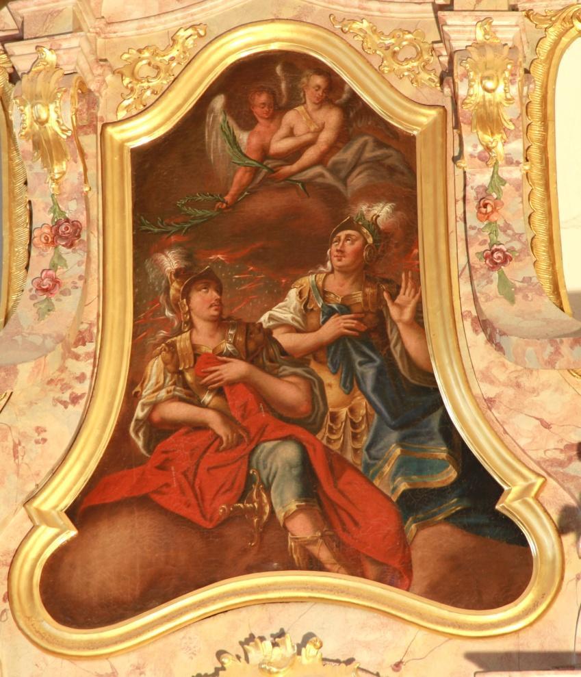Im oberen Bild des Nothelferaltares siehst Du die beiden Wetterheiligen Johannes und Paulus, die von zwei Engeln beschützt werden. Ihr Gedenktag ist der 26. Juni.
