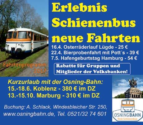 Forum 50plus Anzeige Neues Fahrtenprogramm der Osning-Bahn Bereits im sechsten Jahr bietet der Verein Osning-Bahn e.v. Bahnausflüge mit seinem orange-weißen Schienenbus an.