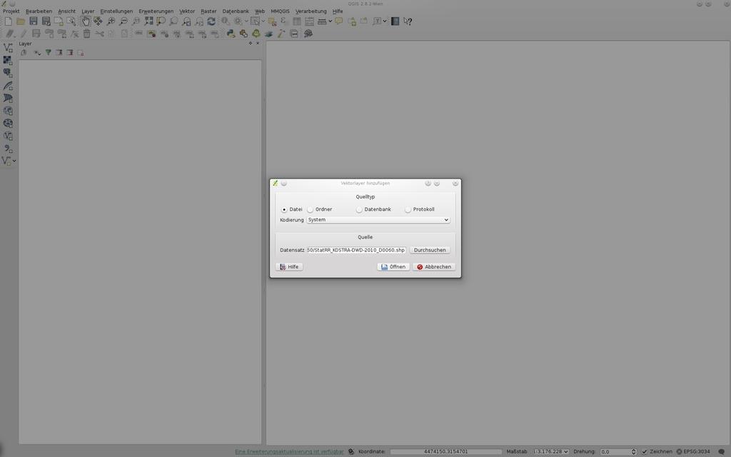 Darstellung der Daten in QGIS Laden der Shape-Datei In der echten Werkzeugleiste Vektorlayer hinzufügen wählen, die gewünschte