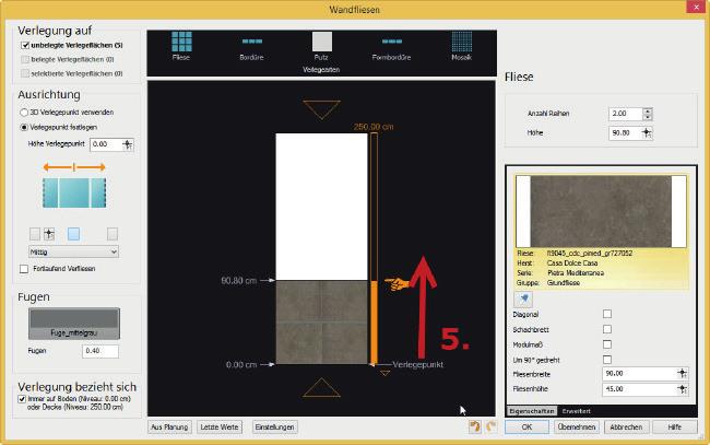5. Ziehen Sie die Fliesen mit dem Hand -Symbol nach oben, sodass zwei Reihen entstehen. Hinweis: Im Feld Höhe können Sie auch direkt die Verlegehöhe eingeben. Bestätigen Sie jetzt mit OK.
