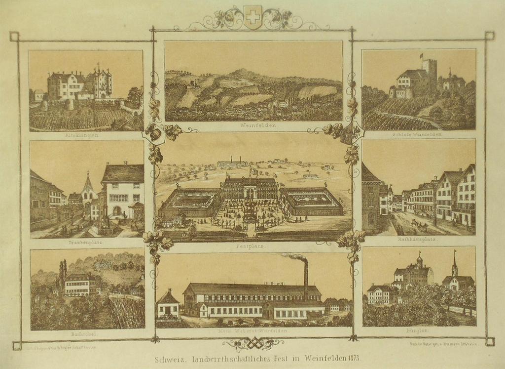 Friedinger Farblithographie, auf bräunlich-gelbem Papier. Gerahmt Bild (mit den 4 Eckvignetten: H: 32.2, B: 41 cm Inv.Nr. 653 Ansicht: Weinfelden.