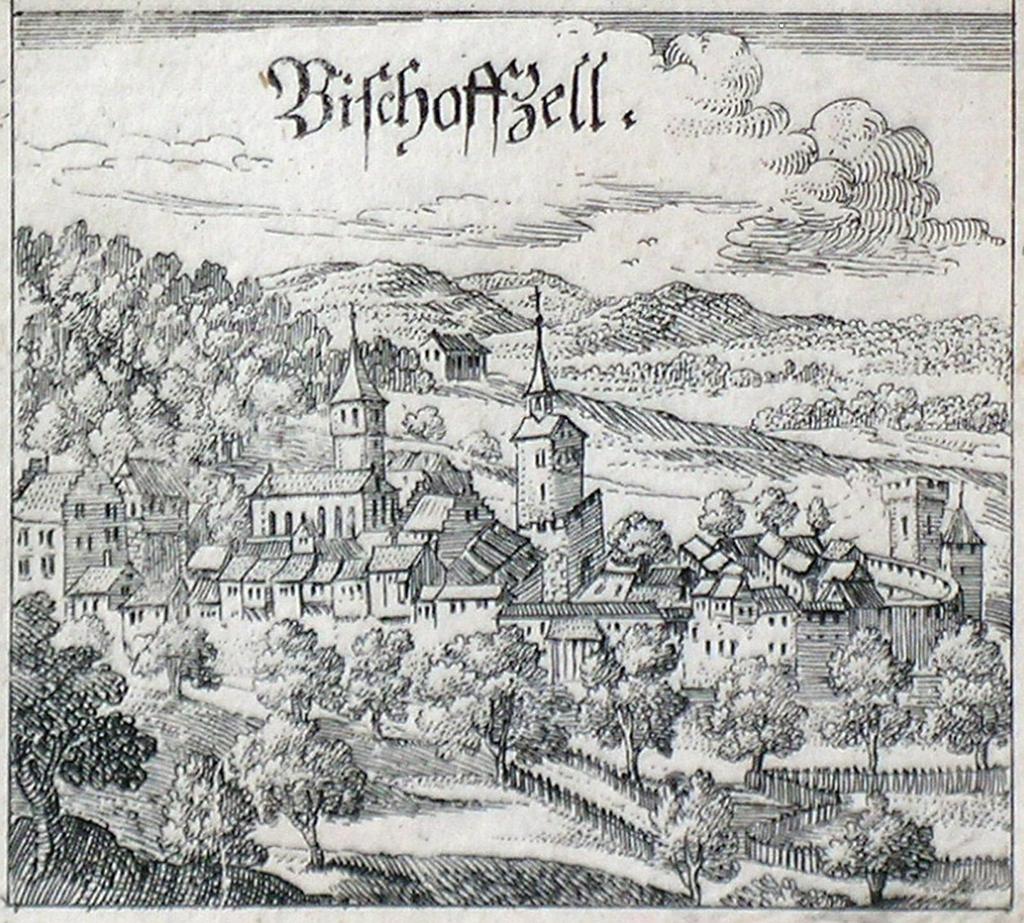 Inv.Nr. 1635 Ansicht: Bischofszell. Gesamtansicht von Süden. Oben in der Darstellung Titel «Bischoffzell.» 1701 Johannes Meyer (der Jüngere, II.) Kupferradierung.