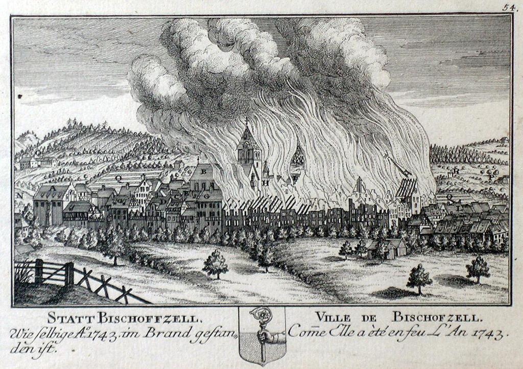 Wie selbige Ao. 1743, in Brand gestanden ist. - Ville de Bischofzell. Comme Elle à été en feu LʼAn 1743.