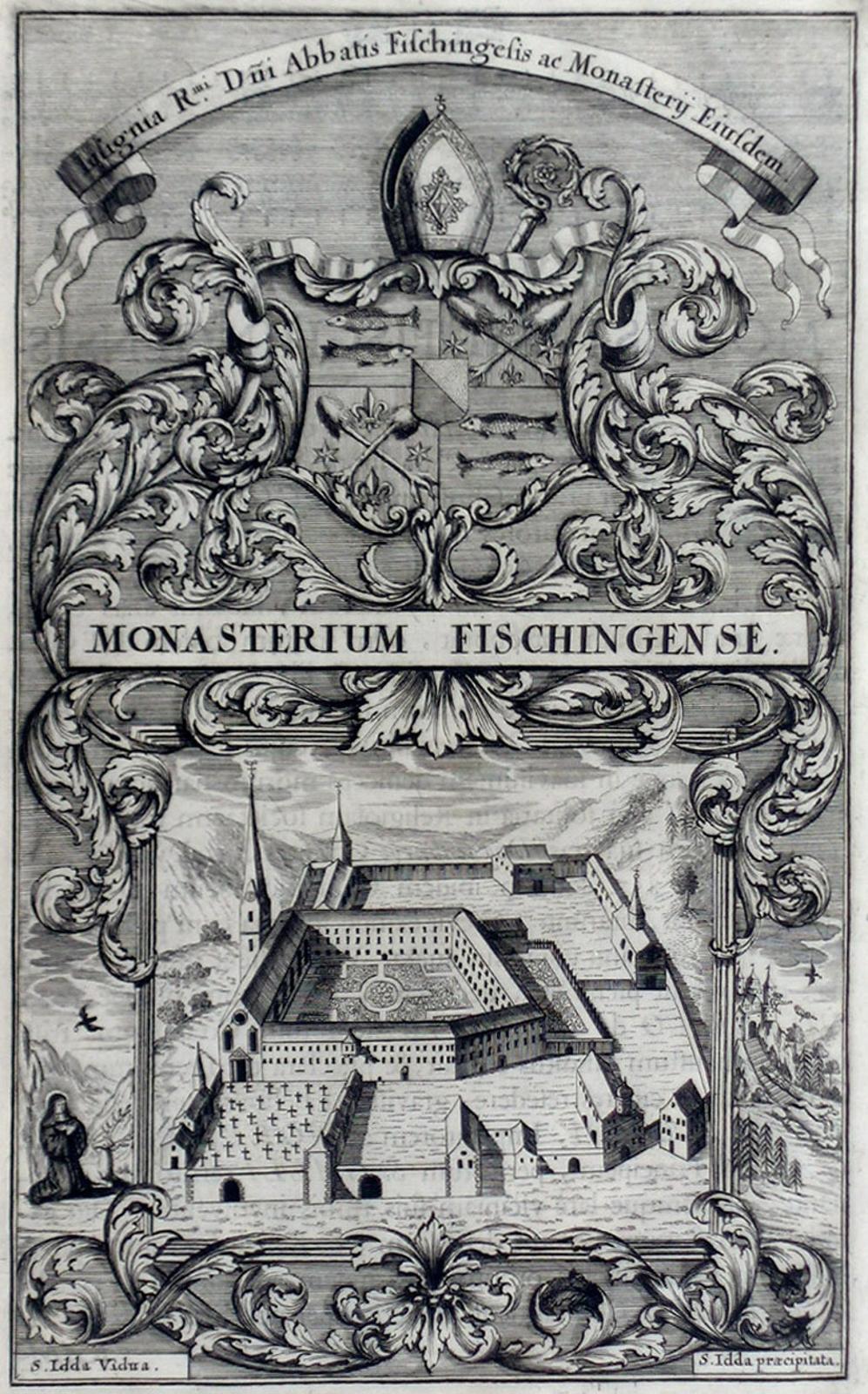 582 Ansicht: Fischingen. Klosterprospekt mit Wappen. In der Bildmitte Titel: «Monasterium Fischingense.».