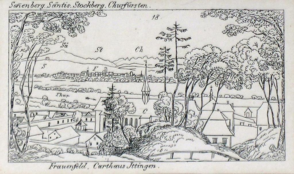 Blick von Südwesten auf das Dorf mit dem markanten Komplex der Greuterschen Fabrik (heute Greuterhof) 1832 Emanuel