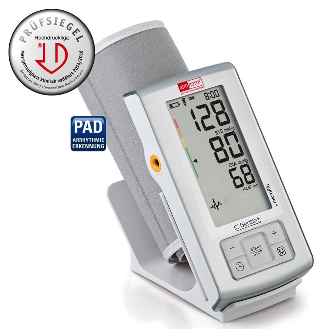 Das Oberarm-Messgerät Basis Plus misst zuverlässig und präzise den Blutdruck und verfügt über die patentierte PAD-Technologie (Arrhythmie-Erkennung).