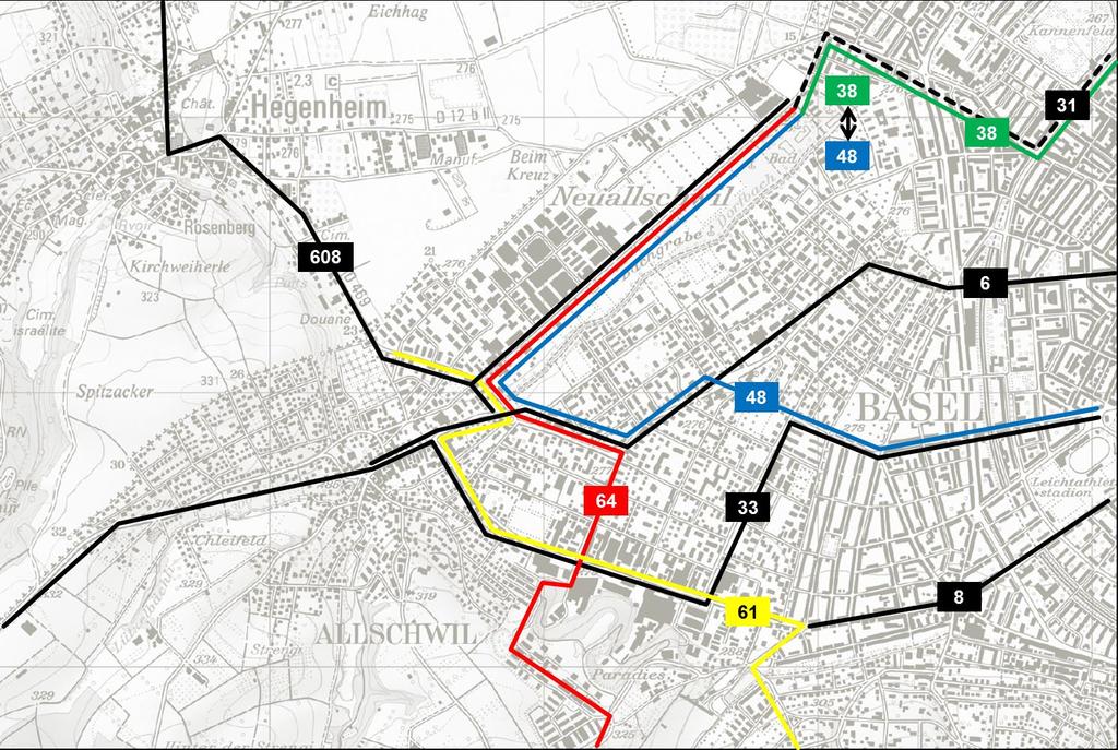 Angebotskonzept Allschwil In Allschwil wird ein neues Angebotskonzept eingeführt, bei welchem sich gewisse Linienführungen, das Taktangebot und der Fahrplan der Linien 38, 48, 61 und 64 ändern