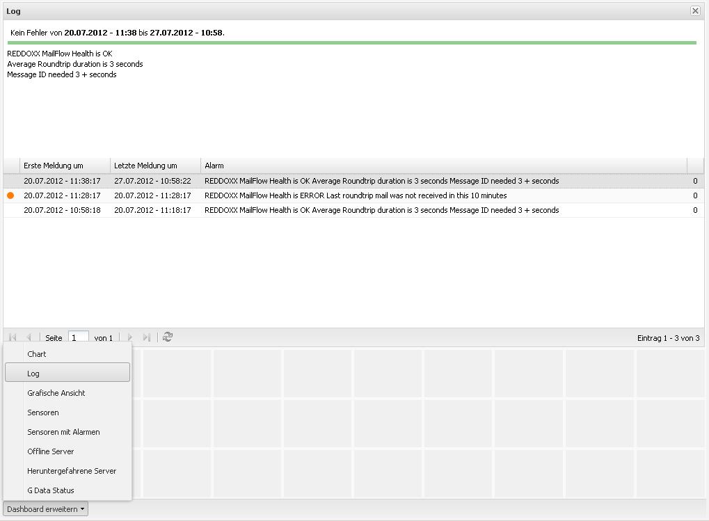 2.4.1 Dashboard Log Server-Eye Nach Auswahl eines Sensors und der Log Anzeige im Dashboard, werden die letzten Meldungen und das Ergebnis des jeweiligen Tests angezeigt.