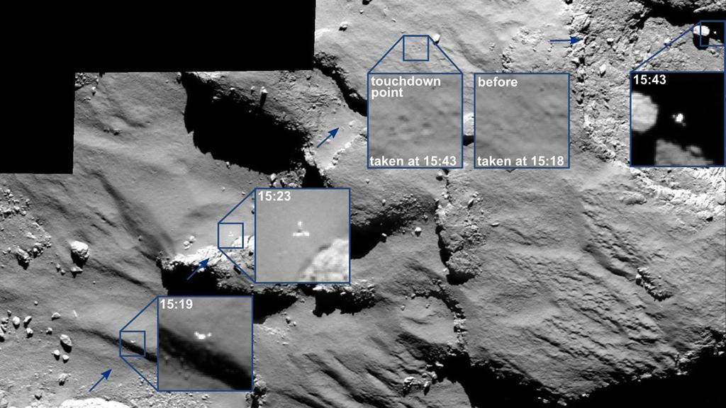 Das Mosaik aus Bildern der OSIRIS-Kamera zeigt (von links nach rechts) Lander Philae bei seinem Abstieg in Richtung Kometen. Das um 15.