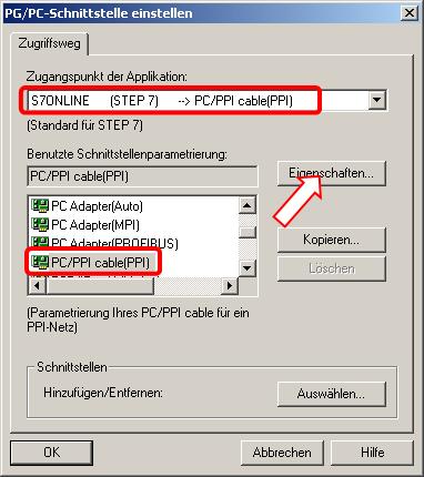 3 2BVerbindung via RS232/ PPI- Kabel 3. Es erscheint der Dialog PG/PC-Schnittstellen einstellen. Überprüfen Sie, bzw.