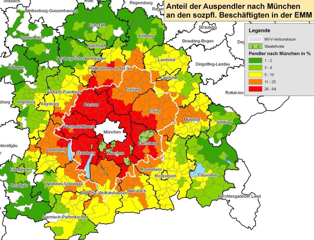 EMM Europäische Metropolregion München Verkehrsströme Pendlerströme reichen heute weit über bestehende Verbundgrenzen (MVV, AVV, etc.) hinaus.