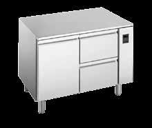 Treco Kühltische Kühltisch, GN 1/1, 1 Tür + 2 Schubladen, 261 l, Umluft Temperaturbereich: 0/+10 C innen und außen aus CNS AISI 304 eingeschäumter Rückwandverdampfer 50 mm Isolierung FCKW-frei