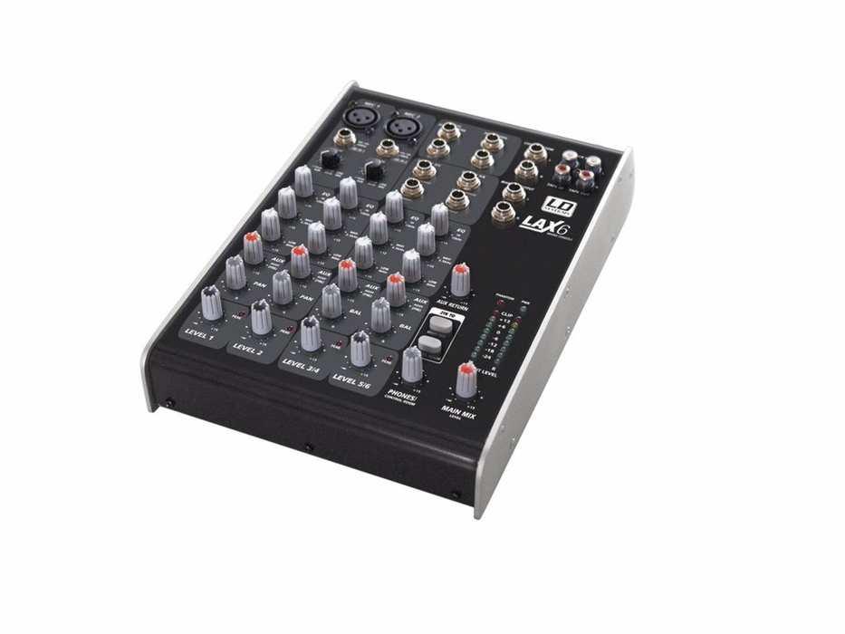Live-Mischpulte Mixing Consoles Live Music LDSystems LDLAX6 S 3004 Das Mischpult verfügt über insgesamt 6 Eingangskanäle: 2 MIC-Eingänge (mono) und 2 Line-Eingänge (stereo).