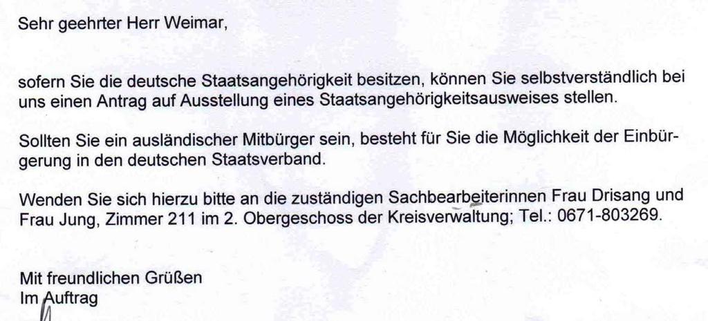 Kein Zeichen, Brief text wurde kopiert Die deutsche Staatsangehörigkeit ist eine Eigenschaftsbeschreibung und NICHT die