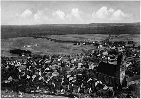 Kreis Panorama der Stadt. Fliegeraufnahme, um 1935. Links: Kollegiatstift in Guttstadt, gezeichnet von Karl Hauke.