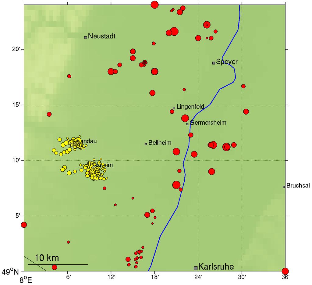 Breite Magnitude M L 1,0 1,5 2,0 2,5 3,0 3,5 4,0 Projekt GeoWärme Südpfalz Seismizität im Umfeld des