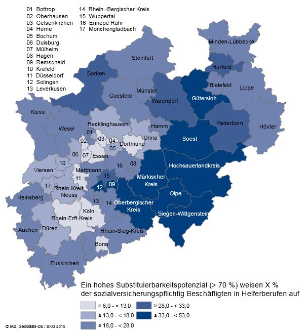 Karte 3: Betroffenheit der sozialversicherungspflichtig beschäftigten Helfer von einem hohen Substituierbarkeitspotenzial der Berufe (>70 Prozent) in den Kreisen Nordrhein-