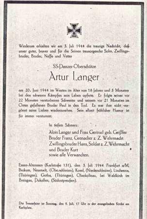 Info-Marktplatz/Weitere Kriegsthemen /Rshew wurde im Sommer 1942 von der Roten Armee zerstört) Der zweite Brief enthielt die Todesnachricht vom 18 ½-jährigen Neffen Artur Langer, der am 20.