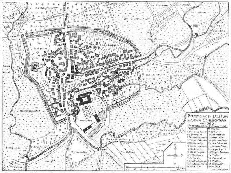 3.1 STÄDTEBAULICHE RAHMENBEDINGUNGEN 41 einer Mauer eingeschlossenen Klostergebäude, sondern auch den gesamten alten Ortskern. Bis 1680 hat sich Schlüchtern in seiner Größe kaum verändert.
