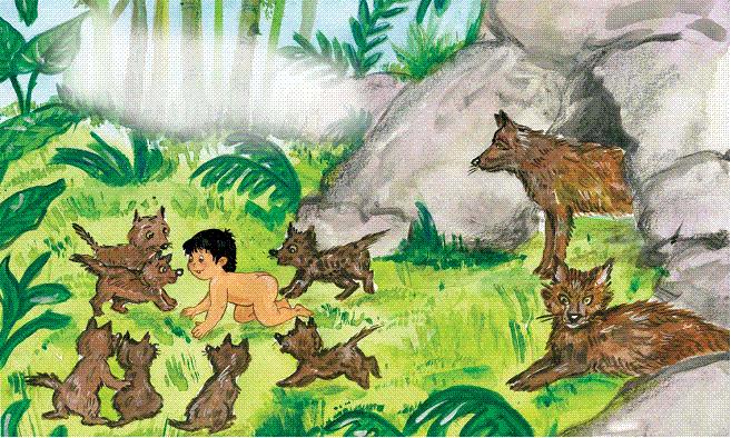 Mowgli ist ein kind, das im Dschungel bei einer Wolfsfamilie lebt. Es spielt mit seinen Wolfsgeschwister und ist glücklich. Die Wölfe sind seine Eltern. 1. Die Wölfin nennt den kleinen Jungen.