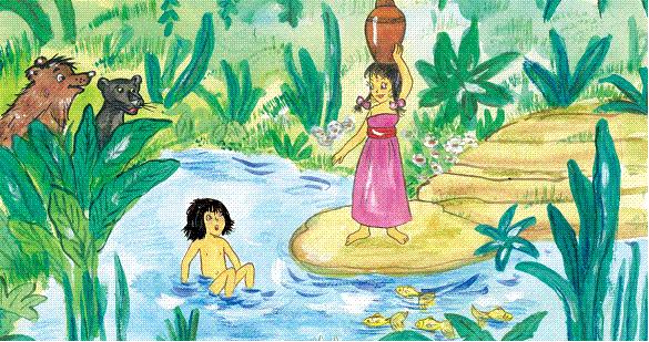 Die drei Freunde, Balu, Baghira und Mowgli sind neben dem Dorf. Mowgli sieht ein schönes Mädchen. Es heißt Shanti und will Wasser holen. Der Junge wundert sich. Dann gehen sie zusammen ins Dorf.