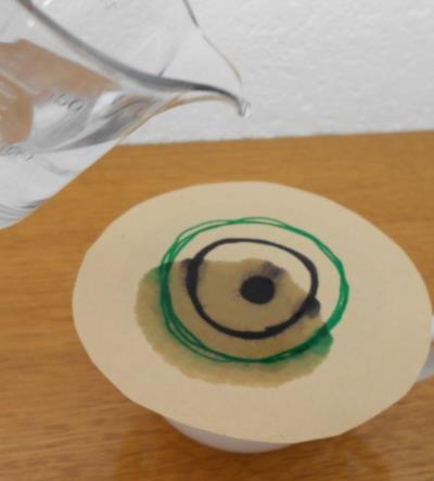 Du kannst das Experiment auch mit anderen Farben und in Kreisform ausprobieren! Bei der Kreisform musst du den Filter auf das Glas legen und von oben wenig Wasser darauftropfen.