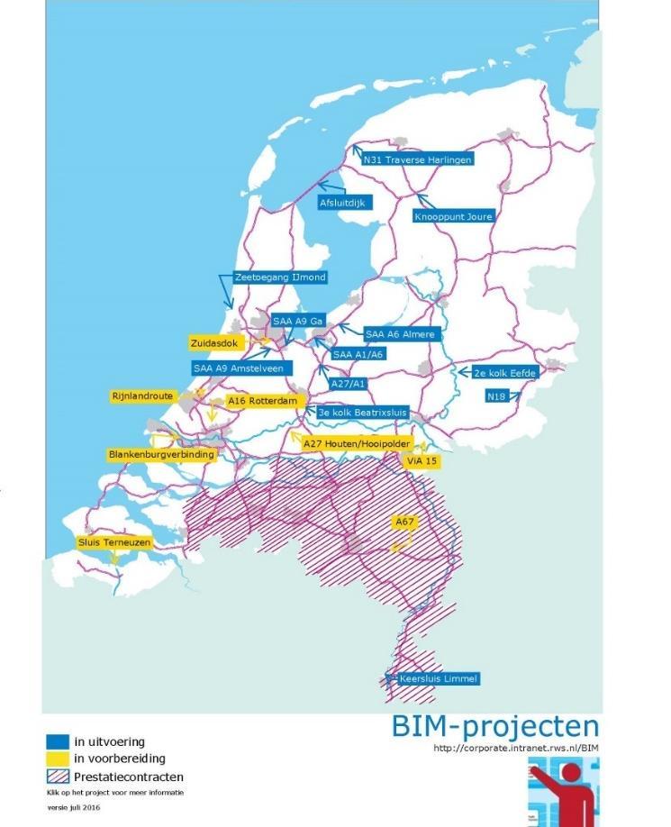 Bild 3: InfraBIM-Projekte, die aktuell von Rijkswaterstaat ausgeführt werden. Stand: Juli 2016.