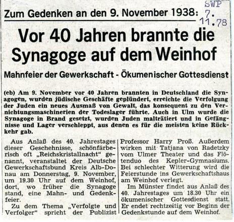 Schmerzhafte Erinnerung Die Ulmer Juden und der Holocaust Der 40. Jahrestag der Reichskristallnacht erfährt 1978 erstmals größere gesellschaftliche Aufmerksamkeit.