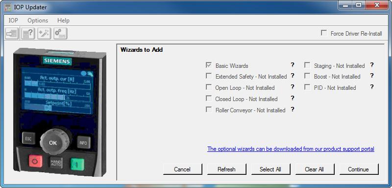 9 Der folgende Bildschirm erlaubt die Selektion und den Download von optionalen Assistenten. Hinweis: Die Grundinbetriebnahme- Assistenten (Basic Wizards) sind bereits installiert.