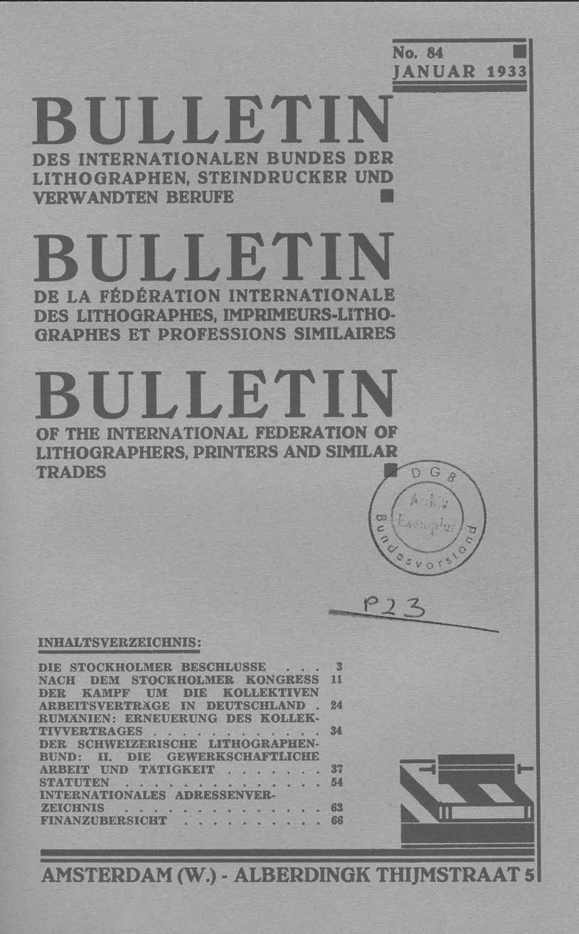 Letzte Ausgabe des Bulletin des Internationalen Bundes der Lithographen, Steindrucker und verwandten Berufe vor der nationalsozialistischen Machteroberung.