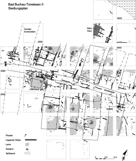 NAU 9 2002 Abb. 1: Plan der Siedlung Bad Buchau-Torwiesen II. Stand 2001 mit skizzenhafter Ergänzung der Ergebnisse der Kampagne 2002 Schnitte mit Jahreszahl (Grafik W. Hohl).
