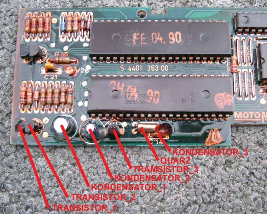 Transistor 1 bis 3, Kondensator 1 bis 3 und ein Quarz.