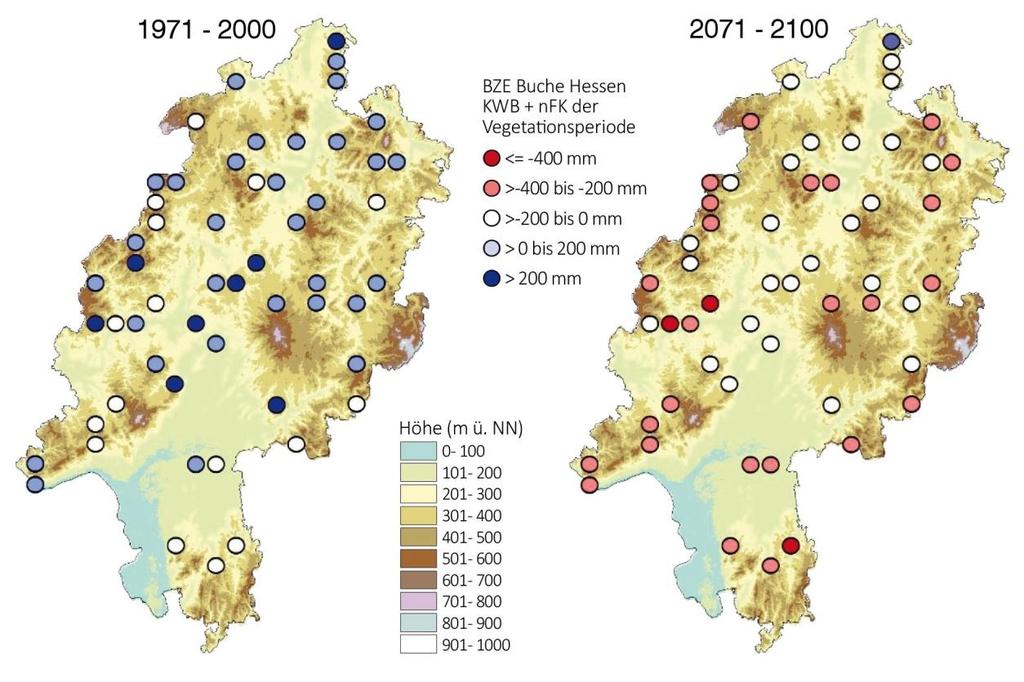 Folgen des Klimawandels in Hessen: Wald Trockenstress für Waldbäume Klimatische Wasserbilanz + nutzbare Feldkapazität in der Vegetationsperiode Zunehmende
