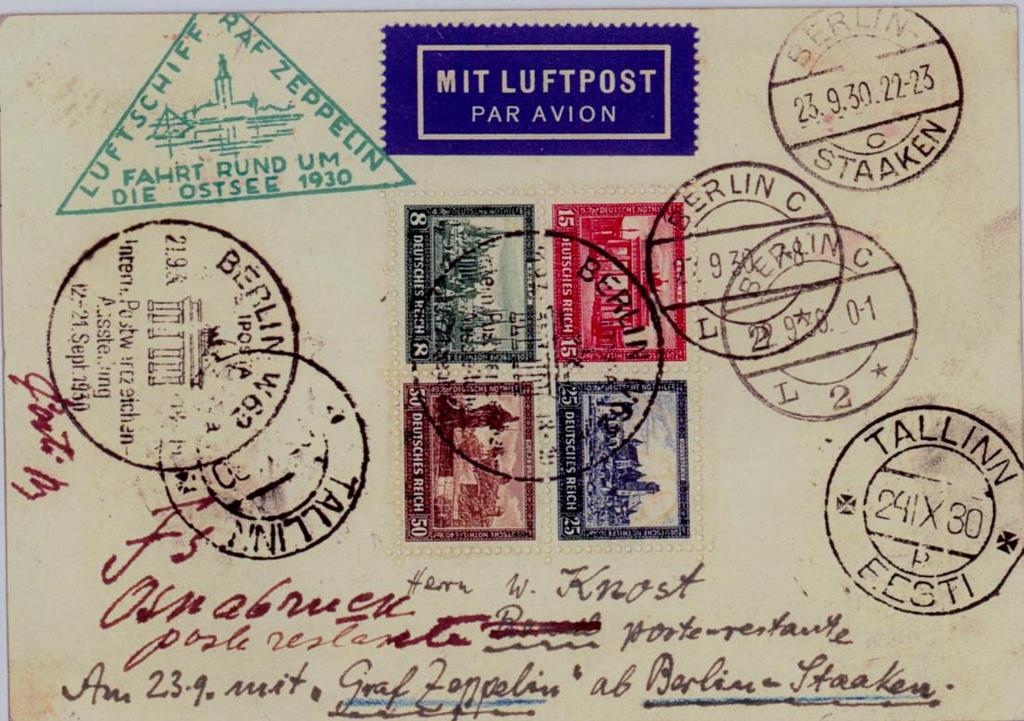Bildseite der Postkarte (auf ca. 80 % verkleinert) Gestern stattete der deutsche Zeppelin LZ 127 unserer Stadt auf seiner Rundfahrt durch die Ostseeregion einen Besuch ab.