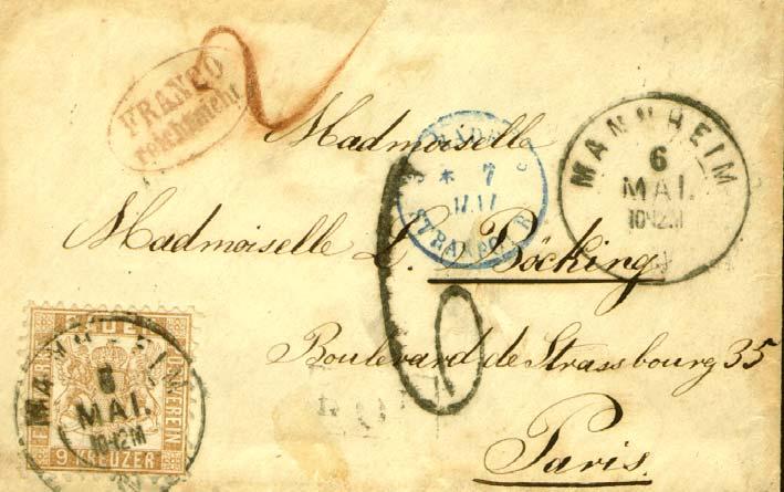 Ab ca. 1867 änderten sich die Kontrollen der Ausland - Tarife. Das Stadtpostamt Mannheim führte extra einen kleinen ovalen Stempel ein Franco reicht nicht.